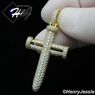 Men 925 Sterling Silver Icy Cubic Zirconia 3d Gold Plated Nail Cross Pendant*354 • $36.99