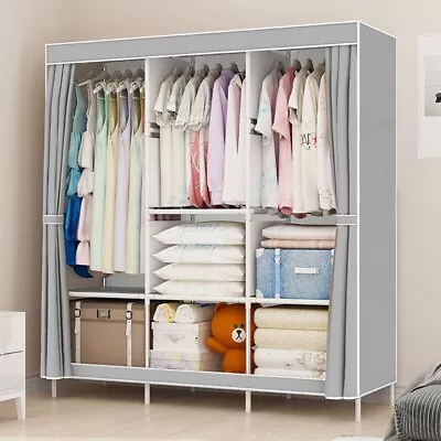 Large Canvas Wardrobe With Hanging Rail Shelving Fabric Clothes Storage Cupboard • £19.99