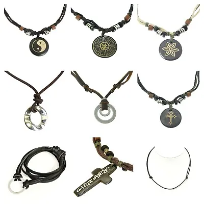 Mens Womens Cord Necklace Bone Om Cross Round Yin Yang Pendant Choker 42 - 72 Cm • £4.85