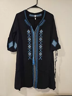 Monoreno Women Size L Boho Dress Black Embroidered Beach Long Sleeve Tunic Mini • $13.99