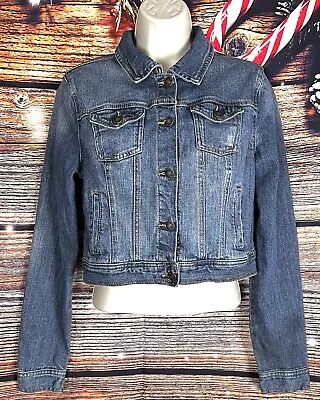 I Love H81   Size M    Distressed BLUE Cotton Denim    CROPPED TRUCKER JACKET • $11.90