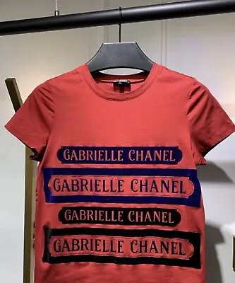 Authentic Chanel Gabrielle Chanel Red Cotton Logo T Shirt Top Size 34 • £554.13