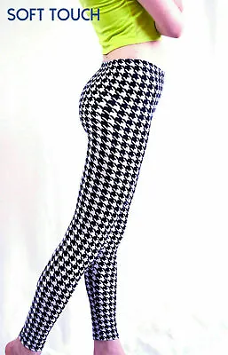 Ladies Soft Touch Full Length Printed Dogtooth Tartan Pattern Leggings Size 8-14 • £5.87