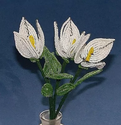 Vintage French Glass Beaded White Tulip Trio Flower Bouquet • $20.99