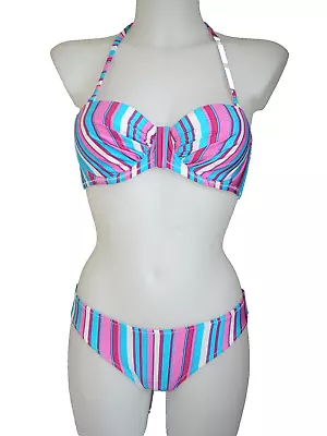 La Senza Blue Multi Stripe Padded Bandeau Bikini Size 34A & 8 • £19.99