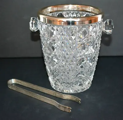 Vintage Barware Cut Glass Ice Bucket W/ Tongs • $22.95
