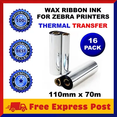$108.95 • Buy 16 Rolls Wax Resin Ink Ribbons 110mm X 70m Thermal Transfer Zebra Printer Labels