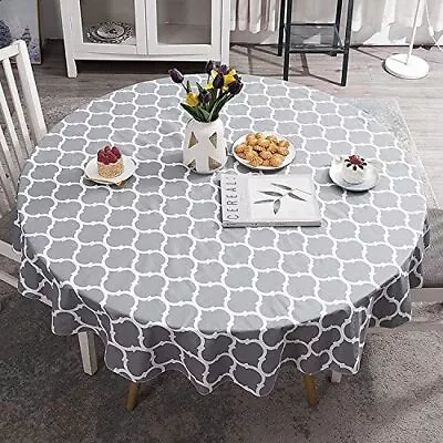 Round Tablecloth 60 Inch Grey Moroccan Style Vinyl Tablecloth With Light Grey • $25.30