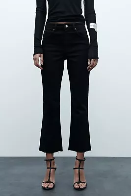 Zara Womens Cropped Flare Jeans Size 12 Black Raw Hem Frayed - RRP $69.95  • $15