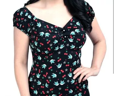 £22.40 • Buy Collectif DOLORES Swallows And Cherries 50s Pin Up Rockabilly Gypsy Top Goth 10
