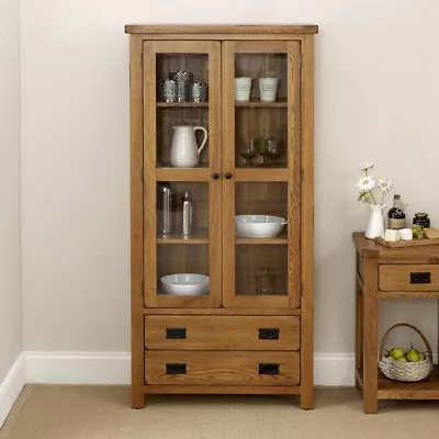 Rustic Oak Glazed Display Cabinet With 2 Drawers - Dining Room Furniture - RS18 • £549