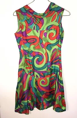 Vtg 50s 60s Morton Myles Jeunesse Groovy Pink Green Multi Drop Waist Dress Small • $47.99