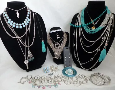 Vintage/Modern Blue Silver Jewelry Lot Necklaces Rings Bracelets Earrings Belt • $19.99