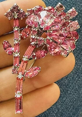 Vintage PINK Rhinestone & Rhodium Plate FLOWER Pin Brooch 2-1/4” • $24