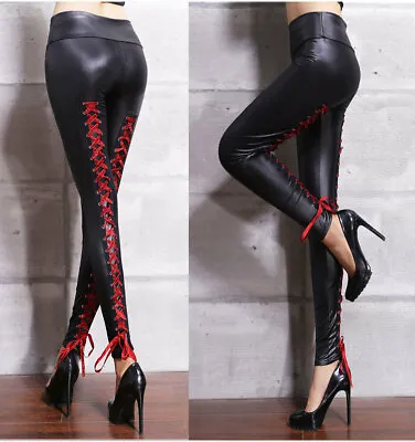 Women's Gothic High Waist Shiny PU Leather Leggings Lace Up Back Trousers Pants  • £15.59