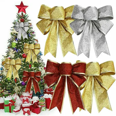 10Pcs Large Bows Christmas Tree Bowknot Ornaments Party Gift Present Xmas Decor  • £5.89