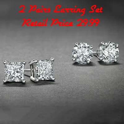 Sterling Silver Stud Earrings Cubic Zirconia Round Men Women 2PC CZ Earrings Set • $6.99