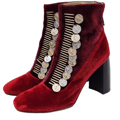 $828 Susana Madrid Traviata Bootie Red Bourdeaux Velvet Coins Holiday Boots • $99.99