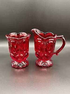 Vintage L.E. Smith Moon And Star Ruby Red Glass Creamer And Sugar Set Large • $48
