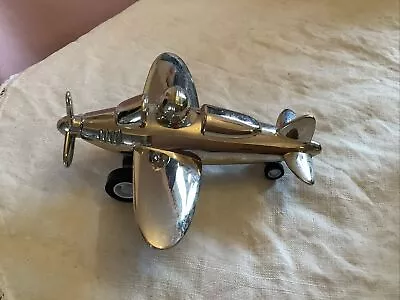 Vintage Heavy Chrome Spitfire Aeroplane With Turning Wheels 10cm Metal Model • £1.99