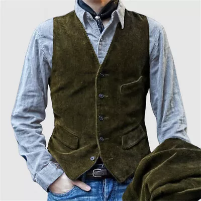 Mens Vest Dress Vest Slim Fit Button Down Prom Corduroy Formal Suit Waistcoat • $32.67