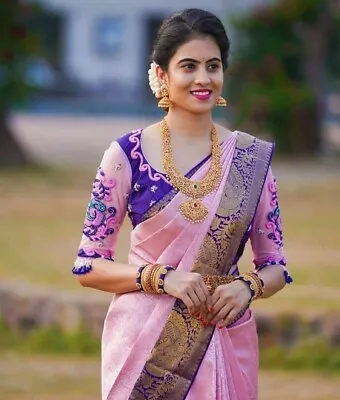 £25.99 • Buy Kanchipuram Silk Saree Indian Wedding Designer Formal Pink Bollywood Party Sari
