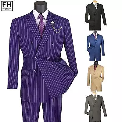 VINCI Men's Gangster Pinstripe Double Breasted 6 Button Classic Fit Suit NEW • $110