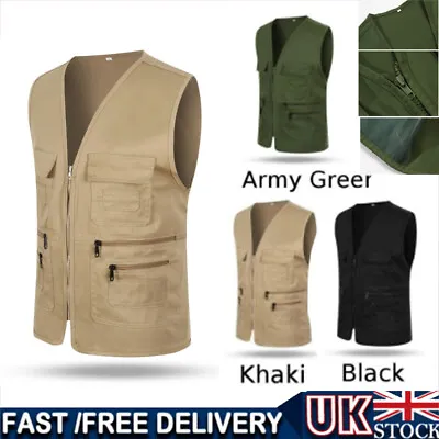 Mens Multi Pocket Vest Hunting Fishing Waistcoat Safari BodyWarmer Gilet Jacket~ • £8.99