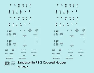 K4 N Scale Decals Sandersville Railroad PS2 3 Bay Covered Hopper Black • $7.45