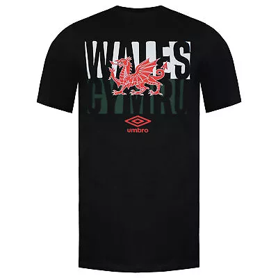 Umbro Wales Dragon Flag  Short Sleeve Crew Neck Mens Black T-Shirt UMTM0621 060 • £14.49
