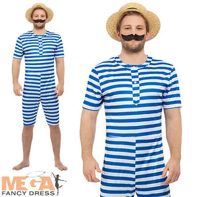 1920s Blue & White Bathing Suit Mens Fancy Dress Beach Swimsuit Adults Costume  • £9.99