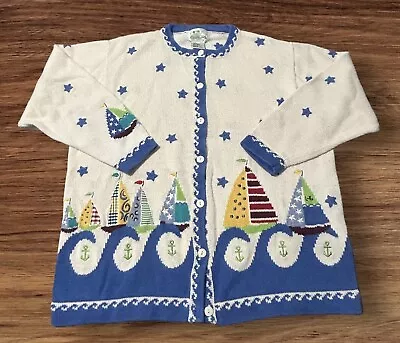 Vintage Quacker Factory Sz 1X White Blue Ocean Sailboats Cardigan Sweater • $24.90
