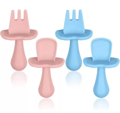 Vicloon Baby Fork And Spoon Set 4Pcs Infant Silicone Self Feeding Utensil Easy  • £3.99