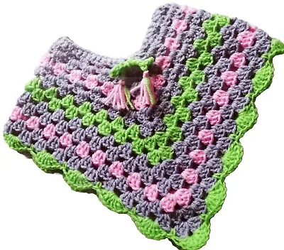 New Handmade Crochet  Baby Poncho Pink/Green/Grey Age 0 To 4 Mths+Hat L@@K! • £12.95