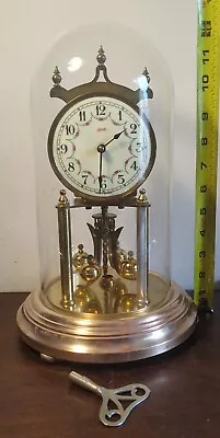 1951 Vintage Working Kundo Germany Brass Anniversary Clock With Glass Dome Key  • $100