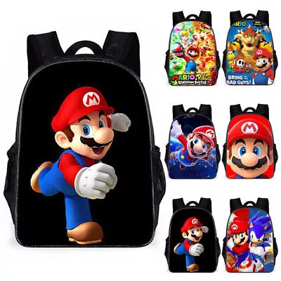 Kids Boys Super Mario Backpack School Bag Comfy Bookbag Cartoon Travel Rucksack↑ • £13.39