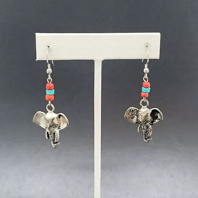 Elephant Pierced Earrings 1 1/2  Dangle Silver Tone Red Blue Beads • $12