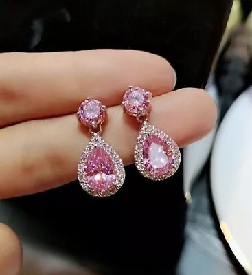 Pear Cut Lab Created Pink Sapphire 2Ct Drop Dangle Earring 925 Sterling Silver • $118.99