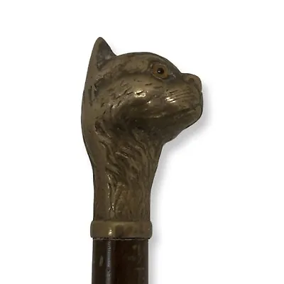 Vintage Bronze & Wood Stick Walking Cane Cat Head • $70