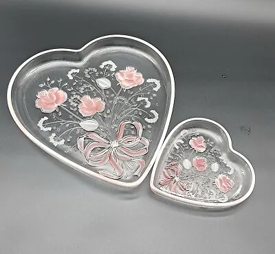 Pair MIKASA CRYSTAL Heart Shaped Serving Plates W Pink Roses • $10.50