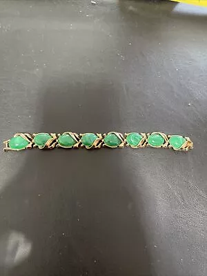 Wonderful Crown Trifari Marked Bracelet Gold Tone Metal And Green Stone￼￼ • $18