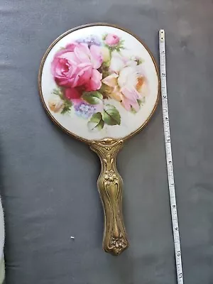 Beautiful Victorian  Hand Painted Roses Porcelain 9  Hand Held Vanity Mirror • $15