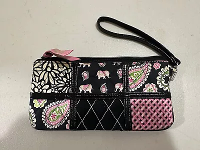 Vera Bradley Wristlet Purse 8”x 4” Black Pink And Green Paisley With Elephant • $14.90