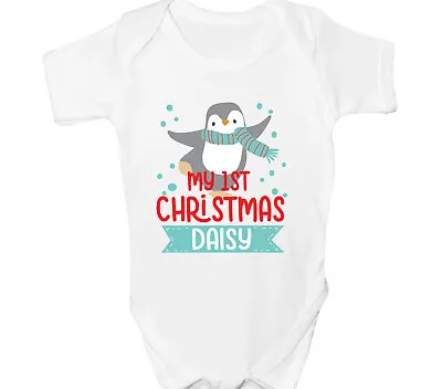 Personalised First Christmas Baby Grow Penguin 1st Xmas Bodysuit Santa Gift • £6.99
