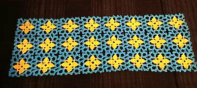 Vintage Hand Crocheted Dresser Scarf/ Doily 18”x 6” Blue Yellow • $9.29