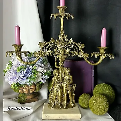 Antique Victorian Girandole Candlesticks Marble & Brass Family Figures 3 Arm * • $240