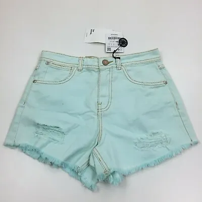 NWT ZARA Womens Sz 2 Mint Green Distressed Raw Edge Hem High Waist Denim Shorts • $19.99