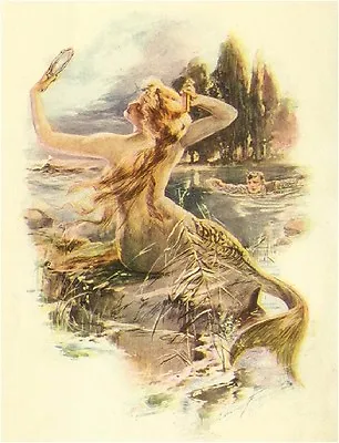 Vintage Mermaid Print Siren Mirror Seduction Sea Mystical Canvas Art  Free Ship • $24.75