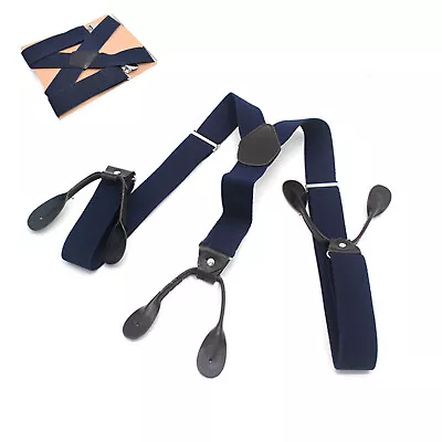 Navy Blue 6 Button Holes Link Men's Suspenders Polyester Fiber With Rubber Band • $5.55