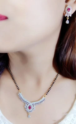 $27.80 • Buy Gold Plated Indian Wedding Mangalsutra Party Wear Necklace Earrings Combo Set